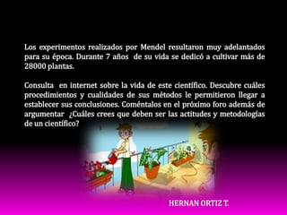 Los experimentos realizados por Mendel resultaron muy adelantados para su época. Durante 7 años  de su vida se dedicó a cultivar más de 28000 plantas.Consulta  en internet sobre la vida de este científico. Descubre cuáles  procedimientos y cualidades de sus métodos le permitieron llegar a establecer sus conclusiones. Coméntalos en el próximo foro además de argumentar  ¿Cuáles crees que deben ser las actitudes y metodologías de un científico?HERNAN ORTIZ T.