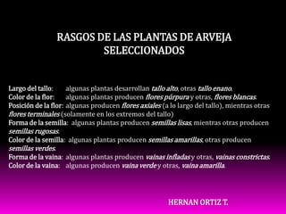 RASGOS DE LAS PLANTAS DE ARVEJA SELECCIONADOSLargo del tallo:	algunas plantas desarrollan tallo alto, otras tallo enano.Color de la flor:	algunas plantas producen flores púrpura y otras, flores blancas.Posición de la flor:	algunas producen flores axiales (a lo largo del tallo), mientras otras flores terminales (solamente en los extremos del tallo)Forma de la semilla:  algunas plantas producen semillas lisas, mientras otras producen semillas rugosas.Color de la semilla:  algunas plantas producen semillas amarillas, otras producen semillas verdes.Forma de la vaina:	algunas plantas producen vainas infladas y otras, vainas constrictas.Color de la vaina:	algunas producen vaina verde y otras, vaina amarilla.HERNAN ORTIZ T.