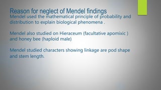 Reason for neglect of Mendel findings
Mendel used the mathematical principle of probability and
distribution to explain biological phenomena .
Mendel also studied on Hieraceum (facultative apomixic )
and honey bee (haploid male)
Mendel studied characters showing linkage are pod shape
and stem length.
 