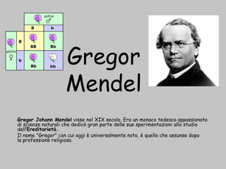 Gregor
                    Mendel
Gregor Johann Mendel visse nel XIX secolo. Era un monaco tedesco appassionato
di scienze naturali che dedicò gran parte delle sue sperimentazioni allo studio
dell’Ereditarietà.
Il nome "Gregor" con cui oggi è universalmente noto, è quello che assunse dopo
la professione religiosa.
 