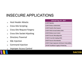 SACON
INSECURE APPLICATIONS
 Host Header Attacks
 Cross-Site Scripting
 Cross-Site Request Forgery
 Cross-Site Socket Hijacking
 Directory Traversal
 SQL Injection
 Command Injection
 Improper Access Control
 