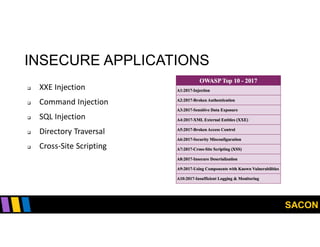 SACON
INSECURE APPLICATIONS
 XXE Injection
 Command Injection
 SQL Injection
 Directory Traversal
 Cross-Site Scripting
 