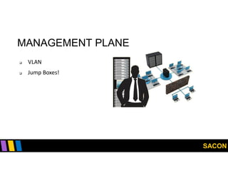 SACON
MANAGEMENT PLANE
 VLAN
 Jump Boxes!
 
