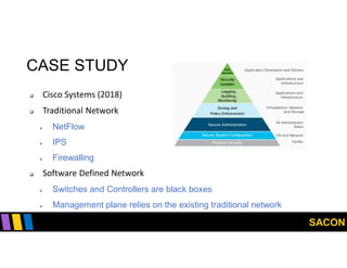 SACON
CASE STUDY
 Cisco Systems (2018)
 Traditional Network
 NetFlow
 IPS
 Firewalling
 Software Defined Network
 Switches and Controllers are black boxes
 Management plane relies on the existing traditional network
 