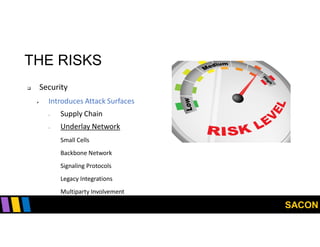 SACON
THE RISKS
 Security
 Introduces Attack Surfaces
- Supply Chain
- Underlay Network
Small Cells
Backbone Network
Signaling Protocols
Legacy Integrations
Multiparty Involvement
 