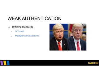 SACON
WEAK AUTHENTICATION
 Differing Standards
 In Transit
 Multiparty Involvement
 