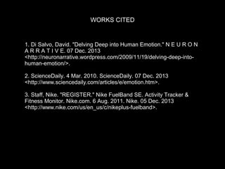 WORKS CITED

1. Di Salvo, David. "Delving Deep into Human Emotion." N E U R O N
A R R A T I V E. 07 Dec. 2013
<http://neuronarrative.wordpress.com/2009/11/19/delving-deep-intohuman-emotion/>.
2. ScienceDaily. 4 Mar. 2010. ScienceDaily. 07 Dec. 2013
<http://www.sciencedaily.com/articles/e/emotion.htm>.
3. Staff, Nike. "REGISTER." Nike FuelBand SE. Activity Tracker &
Fitness Monitor. Nike.com. 6 Aug. 2011. Nike. 05 Dec. 2013
<http://www.nike.com/us/en_us/c/nikeplus-fuelband>.

 