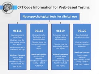 CPT Code Information for Web-Based Testing

                 Neuropsychological tests for clinical use



     96116                   96118                    96119                   96120
 Neurobehavioral          Clinician time for     Technician time for       Non-facilitated
   Status Exam             facilitating test       facilitating test     test administration
 Clinician time for        administration          administration
interpreting results      Clinician time for                              Clinician time for
     and report          interpreting results     Clinician time for     interpreting results
Most reimbursed in                and            interpreting results         and report
telehealth settings              report               and report
                                                                         Medicare Payment
Medicare Payment         Medicare Payment        Medicare Payment           (Source: AMA
   (Source: AMA            (Source: AMA             (Source: AMA               Website)
      Website)                Website)                 Website)          Non-facility = $78.85
Non-facility = $72.61   Non-facility = $106.01   Non-facility = $72.89     Facility = $24.84
  Facility = $66.91       Facility = $85.75        Facility = $25.63
                                                                         ONE TIME CHARGE
     PER HOUR                PER HOUR                 PER HOUR
 