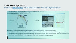 A few weeks ago in STL
Eric Druker (@SwimDrukes) of BAH talking about The Rise of the Digital Workforce
 