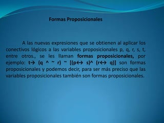 Formas Proposicionales



        A las nuevas expresiones que se obtienen al aplicar los
conectivos lógicos a las variables proposicionales p, q, r, s, t,
entre otros., se les llaman formas proposicionales, por
ejemplo: t→ (q ^ ~ r) ~ [(p↔ s)^ (r↔ q)] son formas
proposicionales y podemos decir, para ser más preciso que las
variables proposicionales también son formas proposicionales.
 
