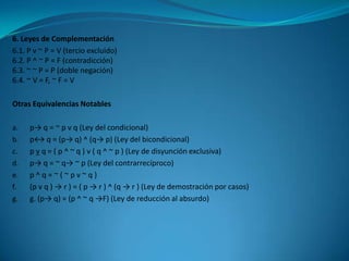 6. Leyes de Complementación
6.1. P v ~ P = V (tercio excluido)
6.2. P ^ ~ P = F (contradicción)
6.3. ~ ~ P = P (doble negación)
6.4. ~ V = F, ~ F = V

Otras Equivalencias Notables

a.   p→ q = ~ p v q (Ley del condicional)
b.   p↔ q = (p→ q) ^ (q→ p) (Ley del bicondicional)
c.   p v q = ( p ^ ~ q ) v ( q ^ ~ p ) (Ley de disyunción exclusiva)
d.   p→ q = ~ q→ ~ p (Ley del contrarrecíproco)
e.   p^q=~(~pv~q)
f.   (p v q ) → r ) = ( p → r ) ^ (q → r ) (Ley de demostración por casos)
g.   g. (p→ q) = (p ^ ~ q →F) (Ley de reducción al absurdo)
 
