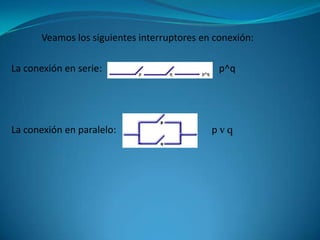Veamos los siguientes interruptores en conexión:

La conexión en serie:                         p^q




La conexión en paralelo:                    pvq
 