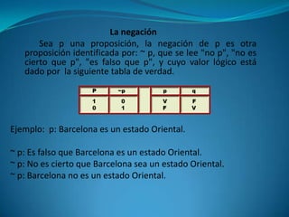 La negación
       Sea p una proposición, la negación de p es otra
   proposición identificada por: ~ p, que se lee "no p", "no es
   cierto que p", "es falso que p", y cuyo valor lógico está
   dado por la siguiente tabla de verdad.




Ejemplo: p: Barcelona es un estado Oriental.

~ p: Es falso que Barcelona es un estado Oriental.
~ p: No es cierto que Barcelona sea un estado Oriental.
~ p: Barcelona no es un estado Oriental.
 