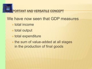 GDP:
AN IMPORTANT AND VERSATILE CONCEPT
We have now seen that GDP measures
 total income
 total output
 total expenditure
 the sum of value-added at all stages
in the production of final goods
 