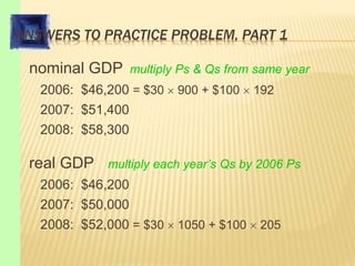ANSWERS TO PRACTICE PROBLEM, PART 1
nominal GDP multiply Ps & Qs from same year
2006: $46,200 = $30  900 + $100  192
2007: $51,400
2008: $58,300
real GDP multiply each year’s Qs by 2006 Ps
2006: $46,200
2007: $50,000
2008: $52,000 = $30  1050 + $100  205
 