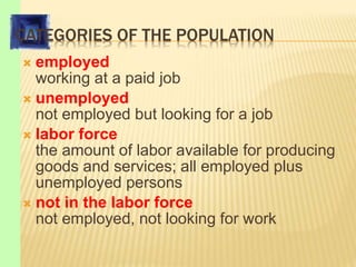 CATEGORIES OF THE POPULATION
 employed
working at a paid job
 unemployed
not employed but looking for a job
 labor force
the amount of labor available for producing
goods and services; all employed plus
unemployed persons
 not in the labor force
not employed, not looking for work
 