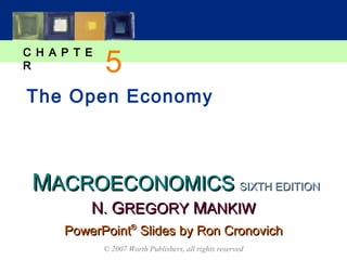 MMACROECONOMICSACROECONOMICS
C H A P T E
R
© 2007 Worth Publishers, all rights reserved
SIXTH EDITIONSIXTH EDITION
PowerPointPowerPoint®®
Slides by Ron CronovichSlides by Ron Cronovich
NN.. GGREGORYREGORY MMANKIWANKIW
The Open Economy
5
 