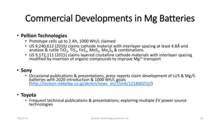 Commercial Developments in Mg Batteries
TDG/9-16 Borealis Technology Solutions LLC 64
• Pellion Technologies
• Prototype c...
