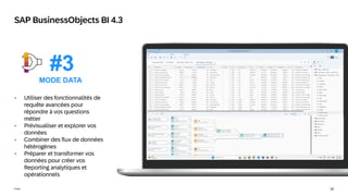 18
Public
MODE DATA
#3
SAP BusinessObjects BI 4.3
 Utiliser des fonctionnalités de
requête avancées pour
répondre à vos questions
métier
 Prévisualiser et explorer vos
données
 Combiner des flux de données
hétérogènes
 Préparer et transformer vos
données pour créer vos
Reporting analytiques et
opérationnels
 