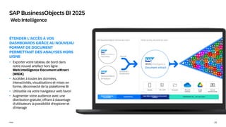 23
Public
SAP BusinessObjects BI 2025
Web Intelligence
ÉTENDER L'ACCÈS À VOS
DASHBOARDS GRÂCE AU NOUVEAU
FORMAT DE DOCUMENT
PERMETTANT DES ANALYSES HORS
LIGNE
• Exporter votre tableau de bord dans
notre nouvel artefact hors ligne :
Web Intelligence Document eXtract
(WIDX).
• Accéder à toutes les données,
interactivités, visualisations et mises en
forme, déconnecté de la plateforme BI
• Utilisable via votre navigateur web favori
• Augmenter votre audience avec une
distribution gratuite, offrant à davantage
d'utilisateurs la possibilité d'explorer et
d'interagir
Document eXtract
 