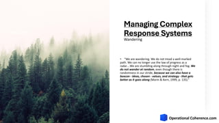 Managing Complex
Response Systems
• “We are wandering. We do not tread a well-marked
path. We can no longer use the law of progress as a
radar….We are stumbling along through night and fog. We
do not wander at random, even though there is
randomness in our stride, because we can also have a
beacon - ideas, chosen - values, and strategy - that gets
better as it goes along (Morin & Kern, 1999, p. 135).”
Wandering
Wandering
 