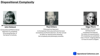 John Holland
Computational/Mathematical
approach to complexity.
A founding Member of
the Santa Fe Institute.
Paul Cilliers
Philosophical Approach
to Complexity. Famously authored the book
Complexity and Postmodernism. He then served
as editor for several books following
the complexity and philosophy narrative.
Edgar Morin
A philosopher and sociologist
working around
complexity and beyond.
Pre-dates the popularization
Of complexity, but published
only in French. Ongoing efforts
to move his work to English.
Dispositional Complexity
 
