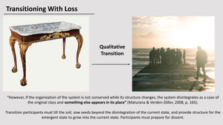 “However, if the organization of the system is not conserved while its structure changes, the system disintegrates as a case of
the original class and something else appears in its place” (Maturana & Verden-Zöller, 2008, p. 165).
Transition participants must till the soil, sow seeds beyond the disintegration of the current state, and provide structure for the
emergent state to grow into the current state. Participants must prepare for dissent.
Transitioning With Loss
Qualitative
Transition
 