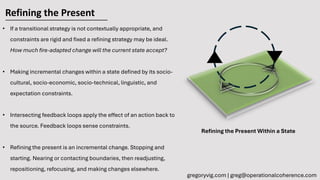 Refining the Present
• If a transitional strategy is not contextually appropriate, and
constraints are rigid and fixed a refining strategy may be ideal.
How much fire-adapted change will the current state accept?
• Making incremental changes within a state defined by its socio-
cultural, socio-economic, socio-technical, linguistic, and
expectation constraints.
• Intersecting feedback loops apply the effect of an action back to
the source. Feedback loops sense constraints.
• Refining the present is an incremental change. Stopping and
starting. Nearing or contacting boundaries, then readjusting,
repositioning, refocusing, and making changes elsewhere.
gregoryvig.com | greg@operationalcoherence.com
Refining the Present Within a State
 