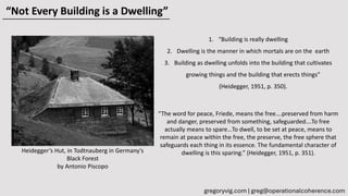 1. “Building is really dwelling
2. Dwelling is the manner in which mortals are on the earth
3. Building as dwelling unfolds into the building that cultivates
growing things and the building that erects things”
(Heidegger, 1951, p. 350).
Heidegger’s Hut, in Todtnauberg in Germany’s
Black Forest
by Antonio Piscopo
“Not Every Building is a Dwelling”
gregoryvig.com | greg@operationalcoherence.com
“The word for peace, Friede, means the free….preserved from harm
and danger, preserved from something, safeguarded….To free
actually means to spare…To dwell, to be set at peace, means to
remain at peace within the free, the preserve, the free sphere that
safeguards each thing in its essence. The fundamental character of
dwelling is this sparing.” (Heidegger, 1951, p. 351).
 