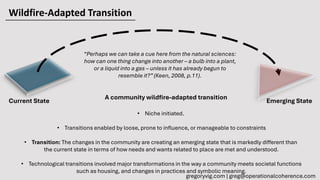 A community wildfire-adapted transition
• Niche initiated.
• Transitions enabled by loose, prone to influence, or manageable to constraints
• Transition: The changes in the community are creating an emerging state that is markedly different than
the current state in terms of how needs and wants related to place are met and understood.
• Technological transitions involved major transformations in the way a community meets societal functions
such as housing, and changes in practices and symbolic meaning.
“Perhaps we can take a cue here from the natural sciences:
how can one thing change into another – a bulb into a plant,
or a liquid into a gas – unless it has already begun to
resemble it?”(Keen, 2008, p.11).
Current State Emerging State
Wildfire-Adapted Transition
gregoryvig.com | greg@operationalcoherence.com
 