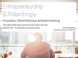Entrepreneurship
& Philanthropy
Greg Sarangoulis
Founder & Owner of GMI First
 