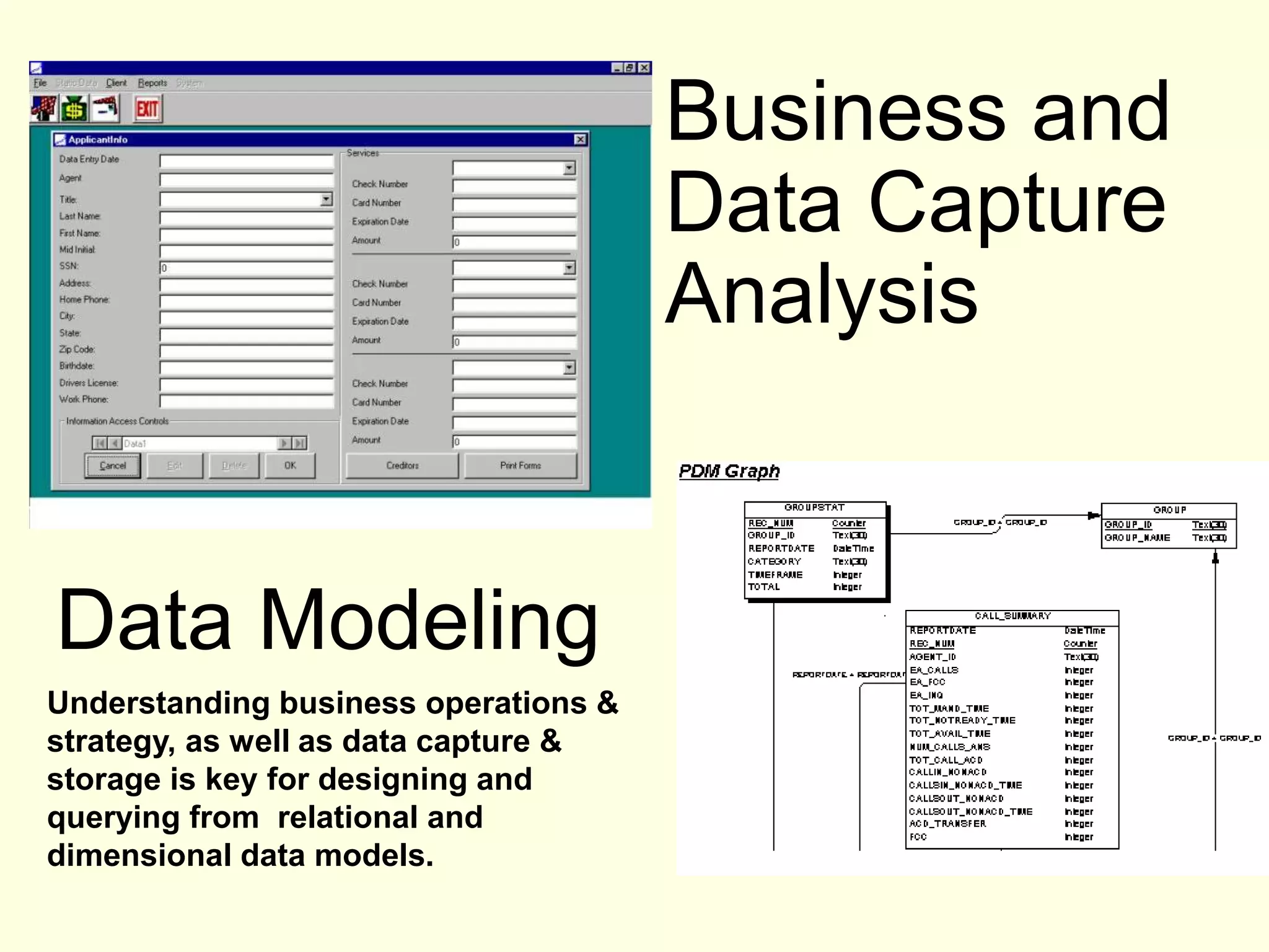 Business and
                                      Data Capture
                                      Analysis


Data Modeling
Understanding business operations &
strategy, as well as data capture &
storage is key for designing and
querying from relational and
dimensional data models.
 