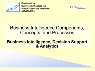 Developed by:
       Business Enhancers Inc.
       Where success is promoted.
       360-831-9133




 Business Intelligence Components,
     Concepts, and Processes
Business Intelligence, Decision Support
              & Analytics
 