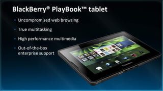 BlackBerry® PlayBook™ tablet
• Uncompromised web browsing
• True multitasking
• High performance multimedia
• Out-of-the-box
  enterprise support
 