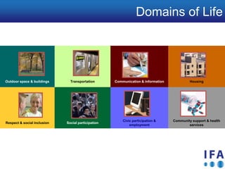 Domains of Life




Outdoor space & buildings      Transportation       Communication & information            Housing




                                                        Civic participation &     Community support & health
Respect & social inclusion   Social participation
                                                            employment                    services
 