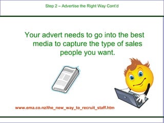 Step 2 – Advertise the Right Way Cont’d




    Your advert needs to go into the best
      media to capture the type of sales
              people you want.




www.ema.co.nz/the_new_way_to_recruit_staff.htm
 