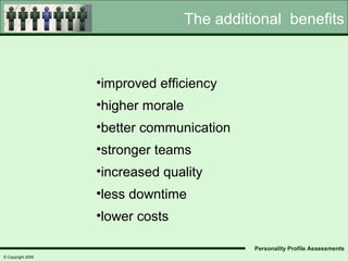 The additional benefits



                   •improved efficiency
                   •higher morale
                   •better communication
                   •stronger teams
                   •increased quality
                   •less downtime
                   •lower costs

                                              Personality Profile Assessments
© Copyright 2005
 