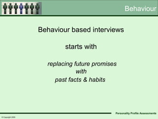 Behaviour

                   Behaviour based interviews

                           starts with

                     replacing future promises
                                with
                        past facts & habits




                                             Personality Profile Assessments
© Copyright 2005
 