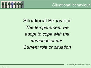 Situational behaviour


                   Situational Behaviour
                    The temperament we
                   adopt to cope with the
                      demands of our
                   Current role or situation


                                         Personality Profile Assessments
© Copyright 2005
 