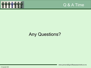 Q & A Time




                   Any Questions?




                               www.personalityprofileassessments.co.nz
© Copyright 2005
 