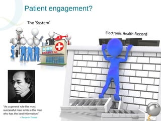 Patient engagement? 
The ‘System’ 
“As a general rule the most 
successful man in life is the man 
who has the best information.” 
― Benjamin Disraeli 
Electronic Health Record 
 