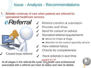 Reliable continuity of care when patients are referred for 
specialized healthcare services. 
✓ Closed loop referral 
✓ Referral creation & submission 
✓ Provides wait times 
✓ Send for consult or advice 
✓ Standard referral requirements 
☛ allows for intake & triage 
☛ direction to the correct specialty service 
✓ View referral history 
✓ Checks for completeness 
1. 
Issue - Analysis - Recommendations 
✓ Track referrals in real time 
patient & / or 
At all stages in the referral life cycle, any health care professional 
associated with a referral can track its status and view its details. 
 
