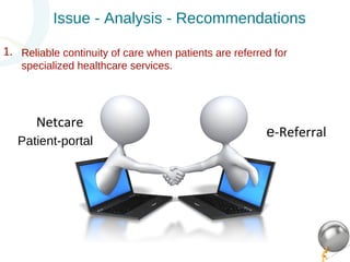 Reliable continuity of care when patients are referred for 
specialized healthcare services. 
1. 
Issue - Analysis - Recommendations 
e-Referral 
Netcare 
Patient-portal 
 