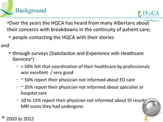 Background 
•Over the years the HQCA has heard from many Albertans about 
their concerns with breakdowns in the continuity of patient care; 
• people contacting the HQCA with their stories 
and 
• through surveys (Satisfaction and Experience with Healthcare 
Services*) 
‣ < 50% felt that coordination of their healthcare by professionals 
was excellent / very good 
‣ ~ 50% report their physician not informed about ED care 
‣ ~ 35% report their physician not informed about specialist or 
hospital care 
‣ 10 to 15% report their physician not informed about DI results and 
MRI scans they had undergone 
* 2003 to 2012 
 