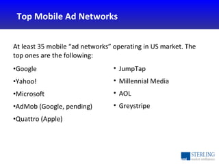 <ul><li>At least 35 mobile “ad networks” operating in US market. The top ones are the following:  </li></ul><ul><li>Google...