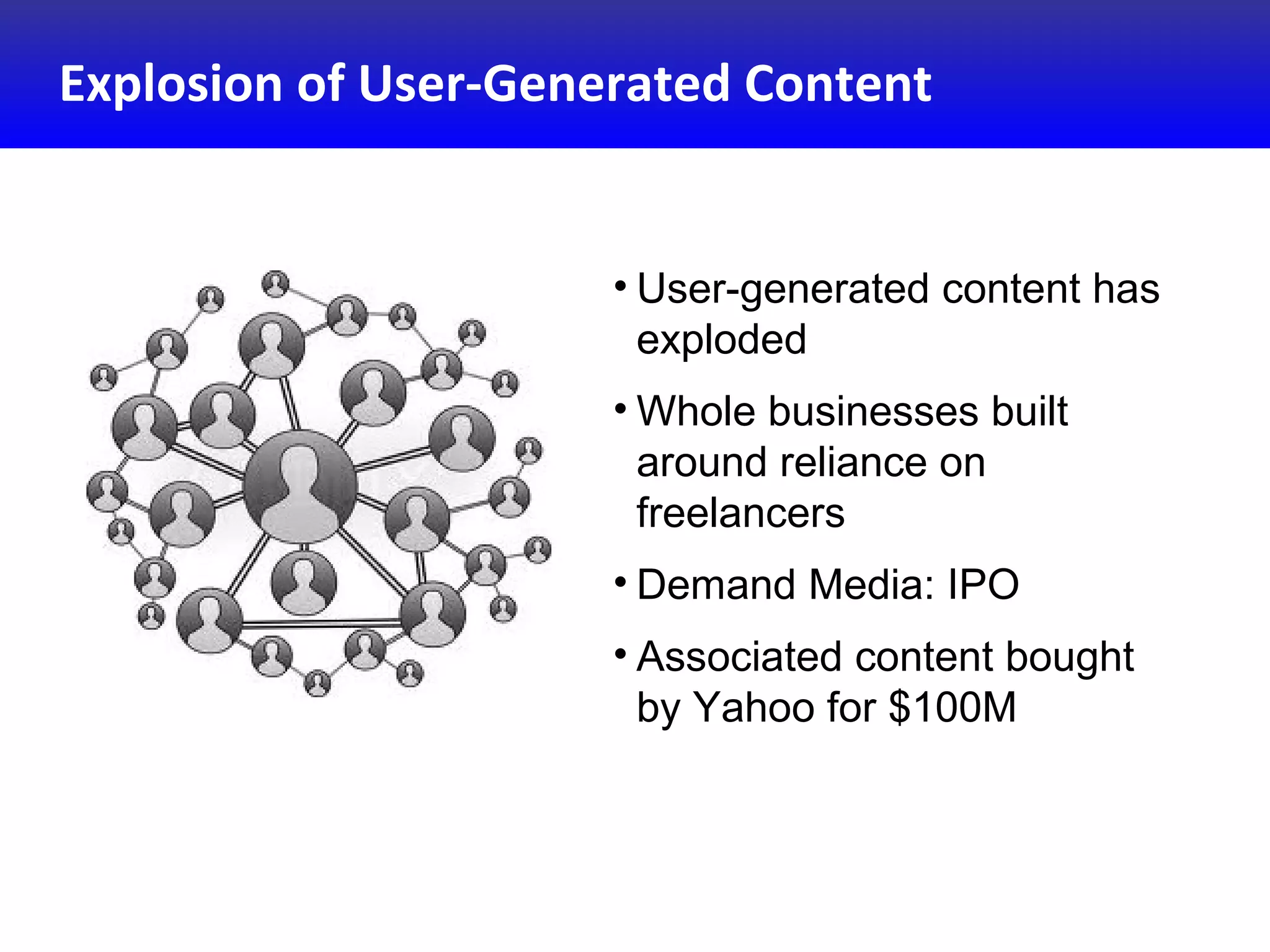 Explosion of User-Generated Content
• User-generated content has
exploded
• Whole businesses built
around reliance on
freelancers
• Demand Media: IPO
• Associated content bought
by Yahoo for $100M
 