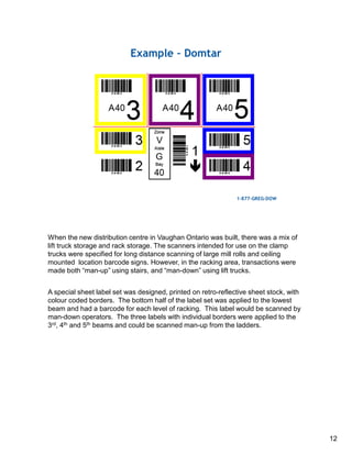 When the new distribution centre in Vaughan Ontario was built, there was a mix of
lift truck storage and rack storage. The scanners intended for use on the clamp
trucks were specified for long distance scanning of large mill rolls and ceiling
mounted location barcode signs. However, in the racking area, transactions were
made both “man-up” using stairs, and “man-down” using lift trucks.
A special sheet label set was designed, printed on retro-reflective sheet stock, with
colour coded borders. The bottom half of the label set was applied to the lowest
beam and had a barcode for each level of racking. This label would be scanned by
man-down operators. The three labels with individual borders were applied to the
3rd, 4th and 5th beams and could be scanned man-up from the ladders.
12
 
