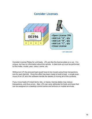 Consider License Plates for unit loads. LPs are like the license plate on a car. It is
unique, but has no information about the vehicle. A data look-up must be performed
to find make, model, year, colour, owner, etc.
Without an LP, the pictured load would have to be moved using three transactions,
one for each item/lot. Once the effort has been made to build a load, a single scan
move of an LP, let’s the software handle the details of moving all of the contents.
If you move loads of mixed items, lots, or traces, license plates may reduce
transactions, and thus errors. Also, LPs can carry attributes for track and trace that
can be assigned on a desktop control centre and enforce on mobile terminals.
16
 