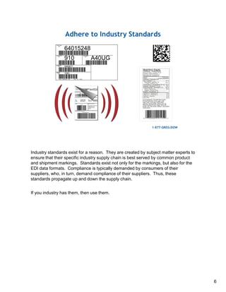 Industry standards exist for a reason. They are created by subject matter experts to
ensure that their specific industry supply chain is best served by common product
and shipment markings. Standards exist not only for the markings, but also for the
EDI data formats. Compliance is typically demanded by consumers of their
suppliers, who, in turn, demand compliance of their suppliers. Thus, these
standards propagate up and down the supply chain.
If you industry has them, then use them.
6
 