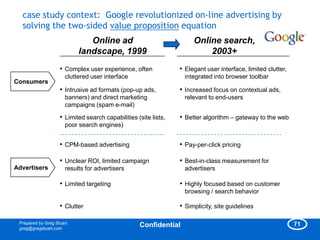 case study context: Google revolutionized on-line advertising by
  solving the two-sided value proposition equation
      ...